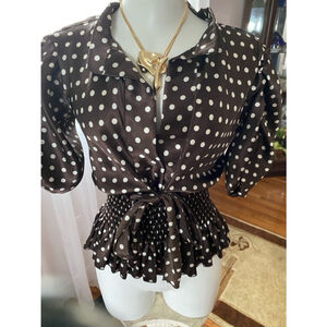PinUp blouse brown white polka Dot 1940's Look Short Puffed Sleeve Blouse US L